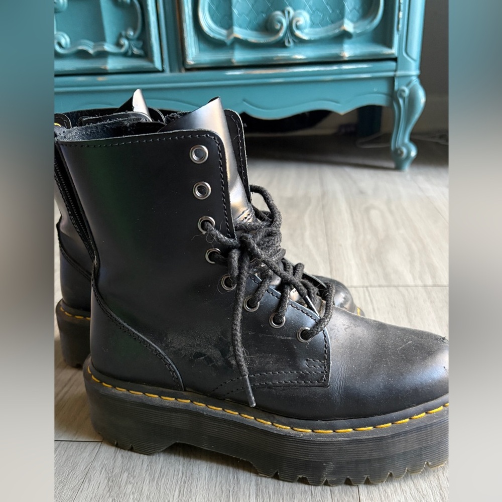 Dr. Martens Black Lace-Up Platform Boots with Yellow Stitching - Picture 6 of 11